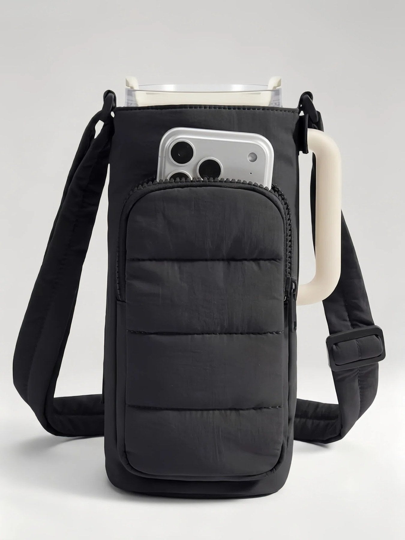 Flexvibe Puffer Water Bottle Crossbody Bag | Lightweight Tumbler Carrier Sling Bag for Women - Black