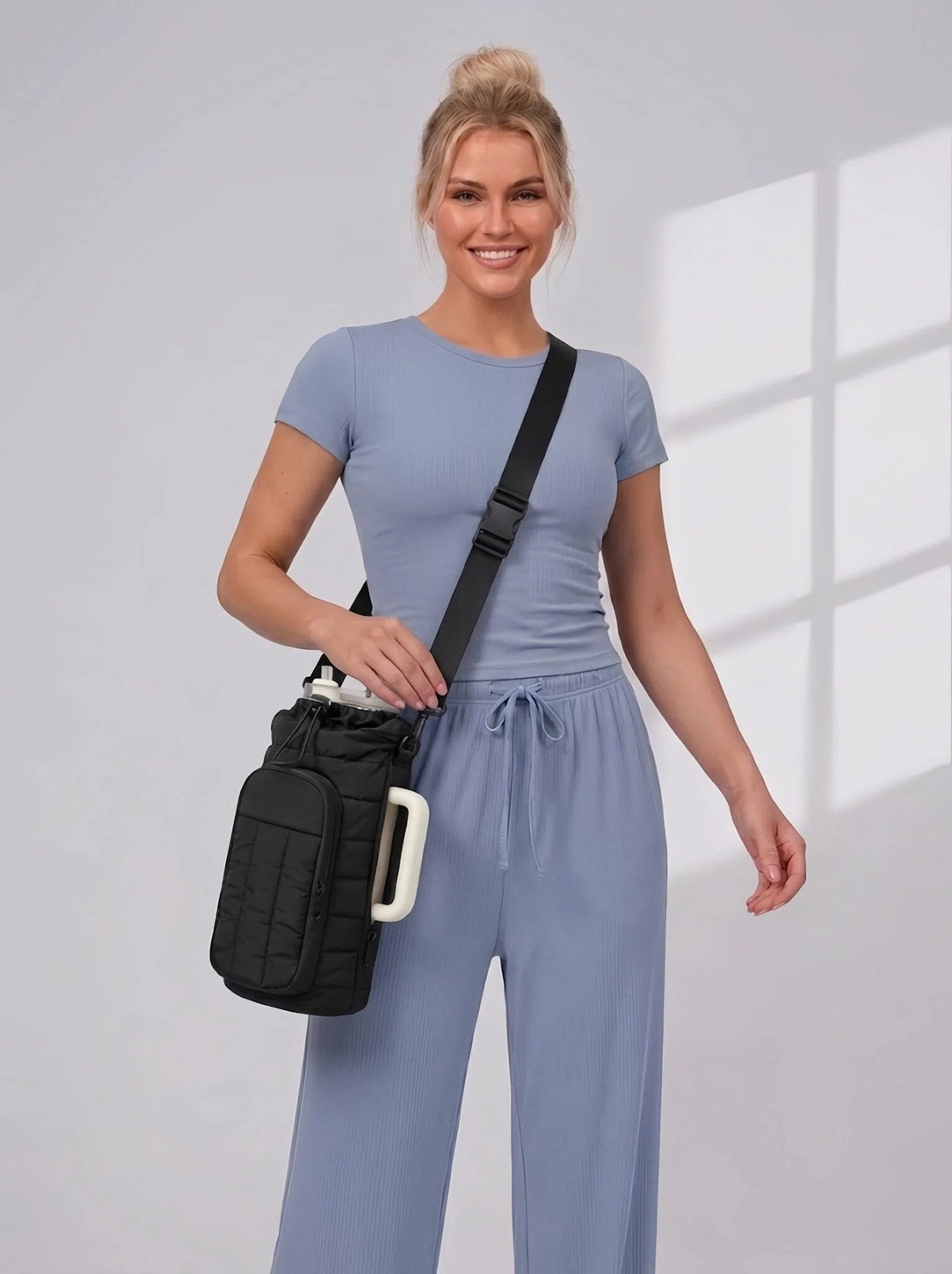 Flexvibe Large Water Bottle Crossbody Bag | Insulated Tumbler Carrier Sling Bag for Women - Black