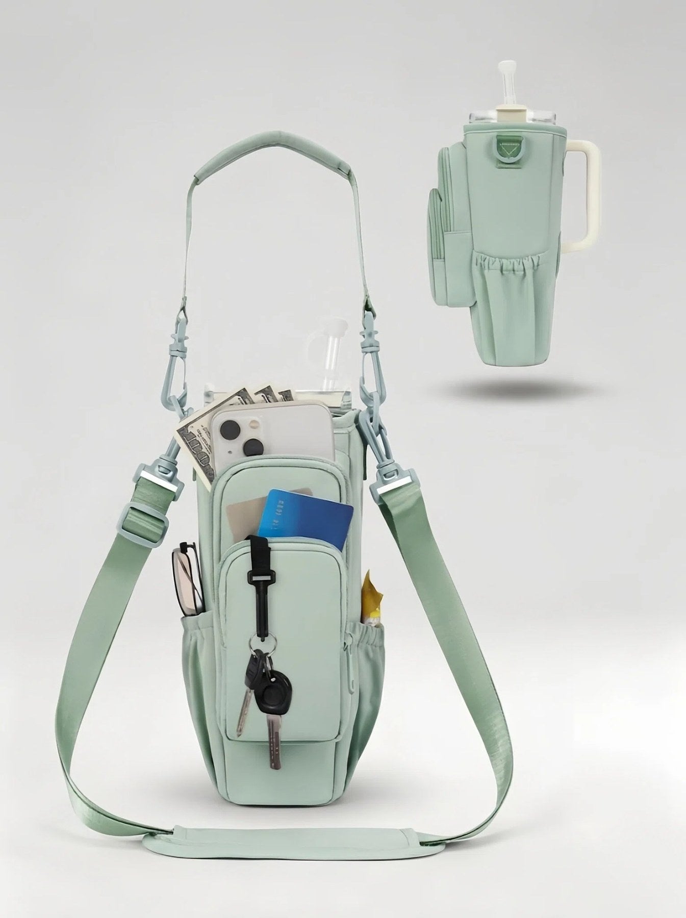 Flexvibe Multi-Pocket Water Bottle Crossbody Bag | Insulated Tumbler Carrier for Women - Mint Green