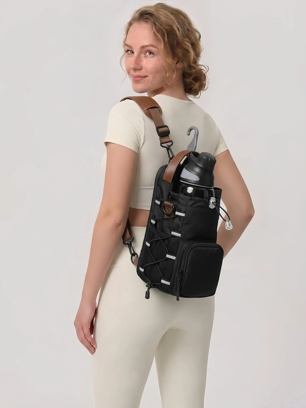 Flexvibe Fence Hook Water Bottle Crossbody Bag | Gym Tumbler Carrier for Women - Black