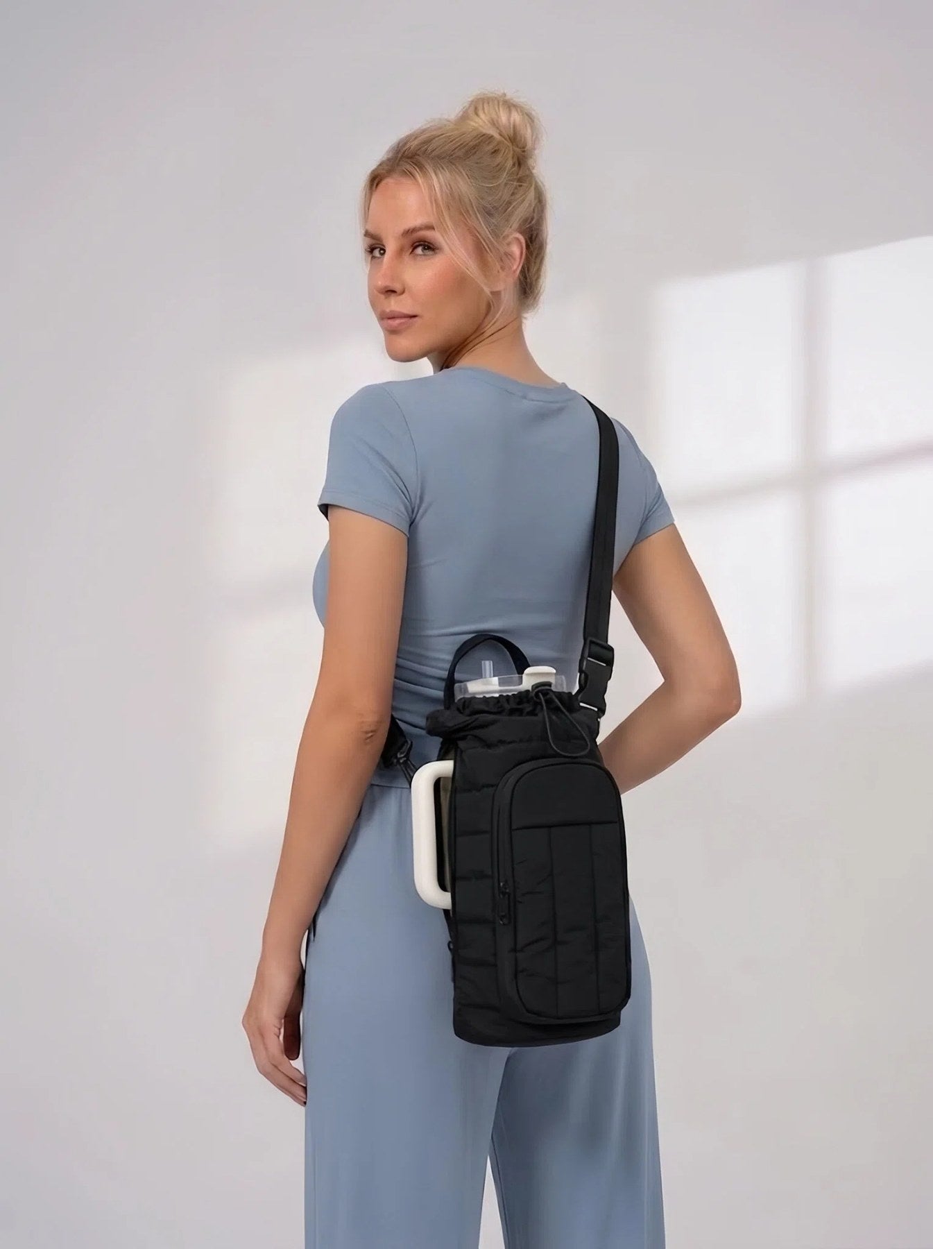 Flexvibe Large Water Bottle Crossbody Bag | Insulated Tumbler Carrier Sling Bag for Women - Black