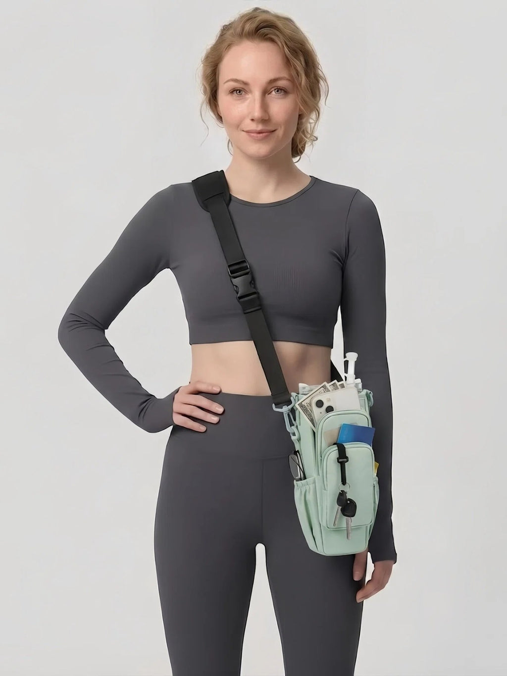 Flexvibe Multi-Pocket Water Bottle Crossbody Bag | Insulated Tumbler Carrier for Women - Mint Green