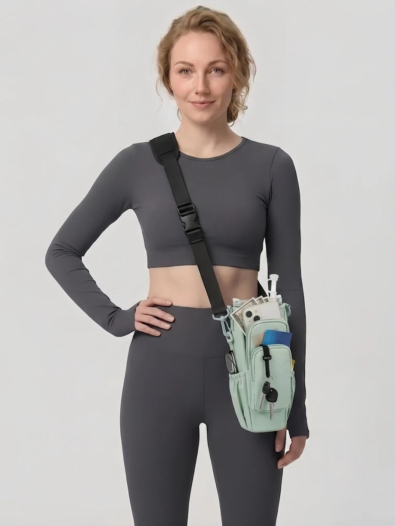 Flexvibe Multi-Pocket Water Bottle Crossbody Bag | Insulated Tumbler Carrier for Women - Mint Green