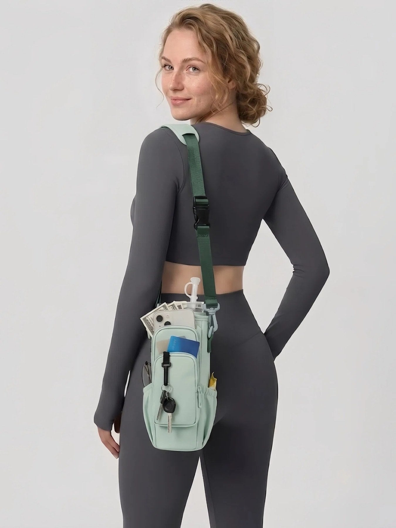 Flexvibe Multi-Pocket Water Bottle Crossbody Bag | Insulated Tumbler Carrier for Women - Mint Green