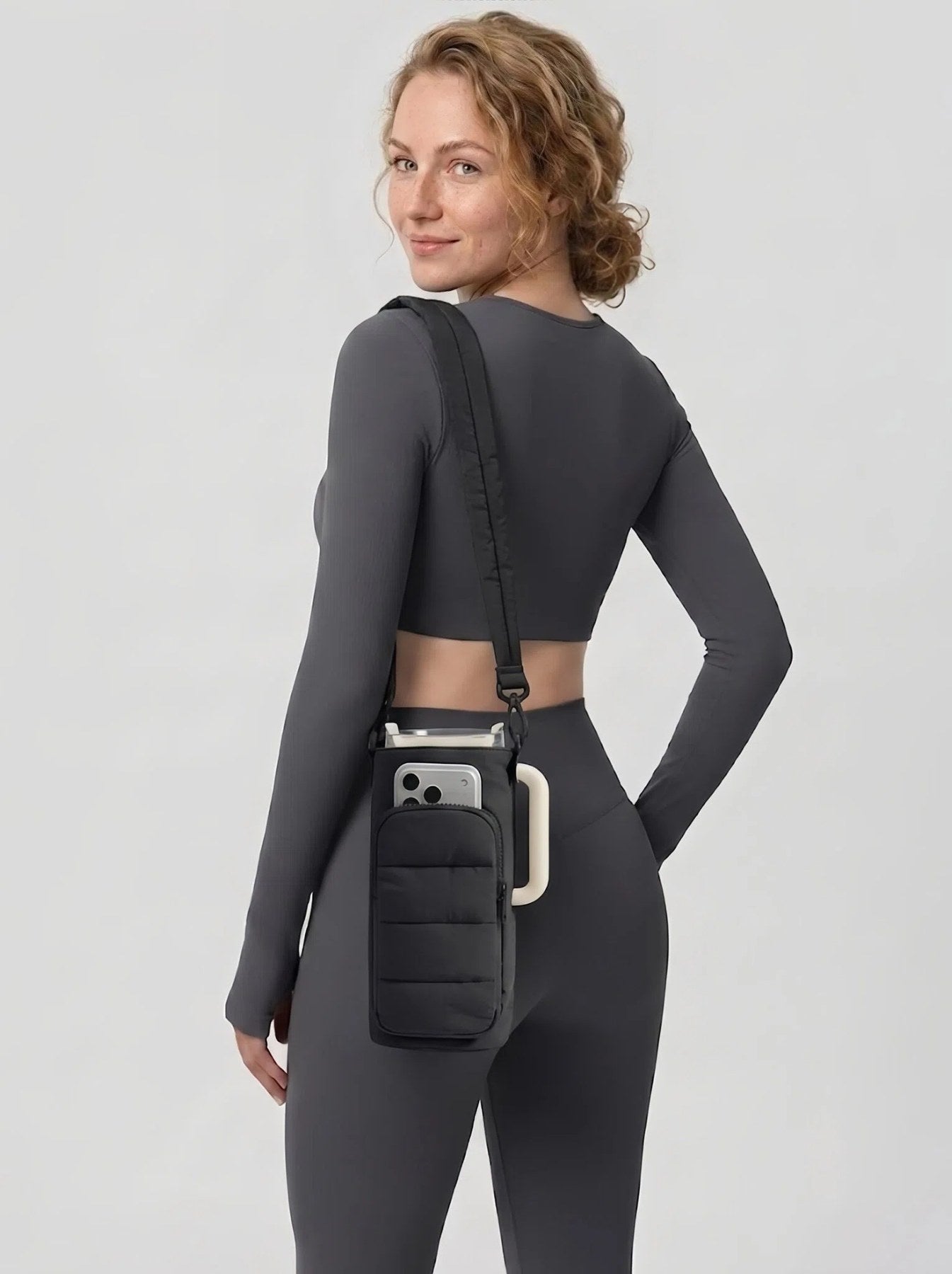 Flexvibe Puffer Water Bottle Crossbody Bag | Lightweight Tumbler Carrier Sling Bag for Women - Black