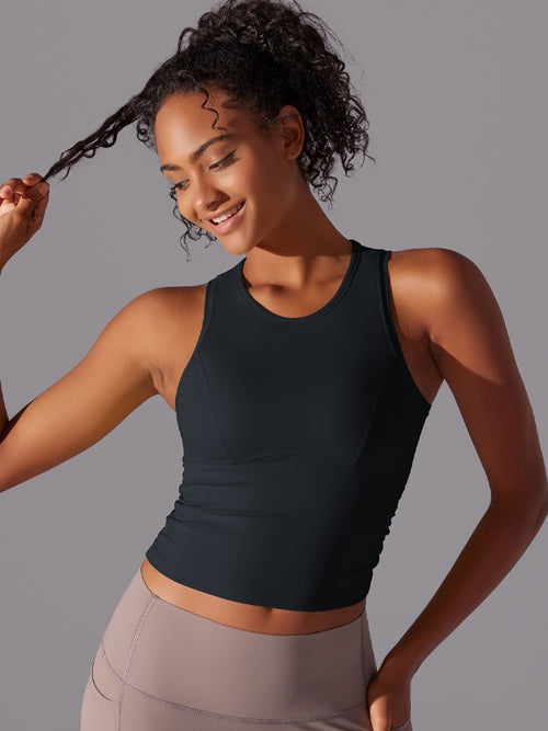 Flexvibe workout tank side view for gym-to-street, with tummy control and soft stretch