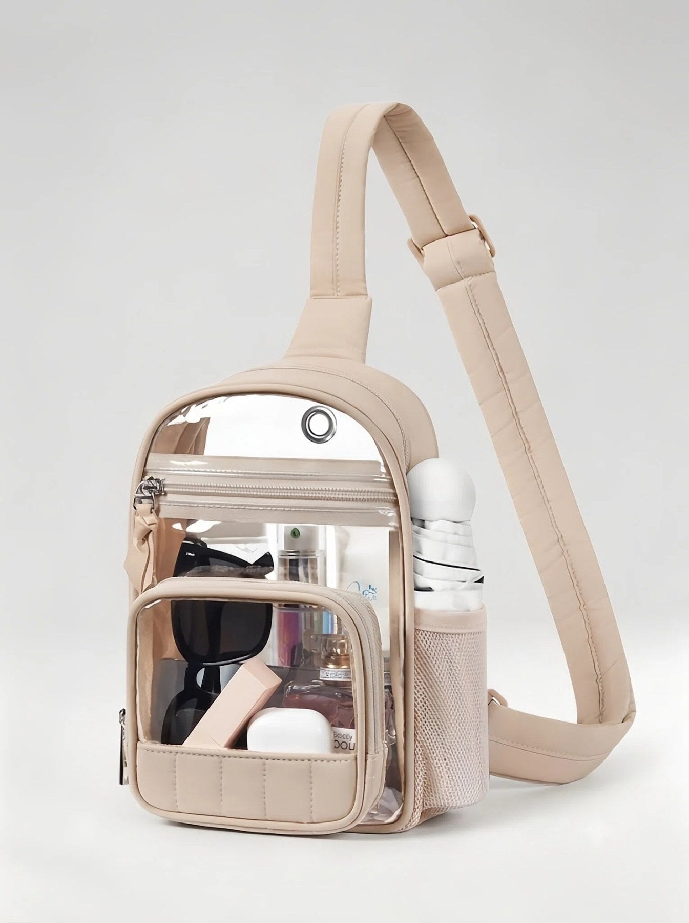 Flexvibe Clear Water Bottle Sling Crossbody Bag | Stadium-Approved Travel Carrier for Women - Beige