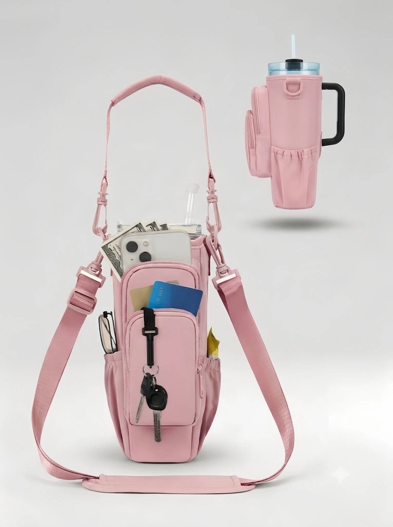 Flexvibe Multi-Pocket Water Bottle Crossbody Bag | Insulated Tumbler Carrier for Women - Pink