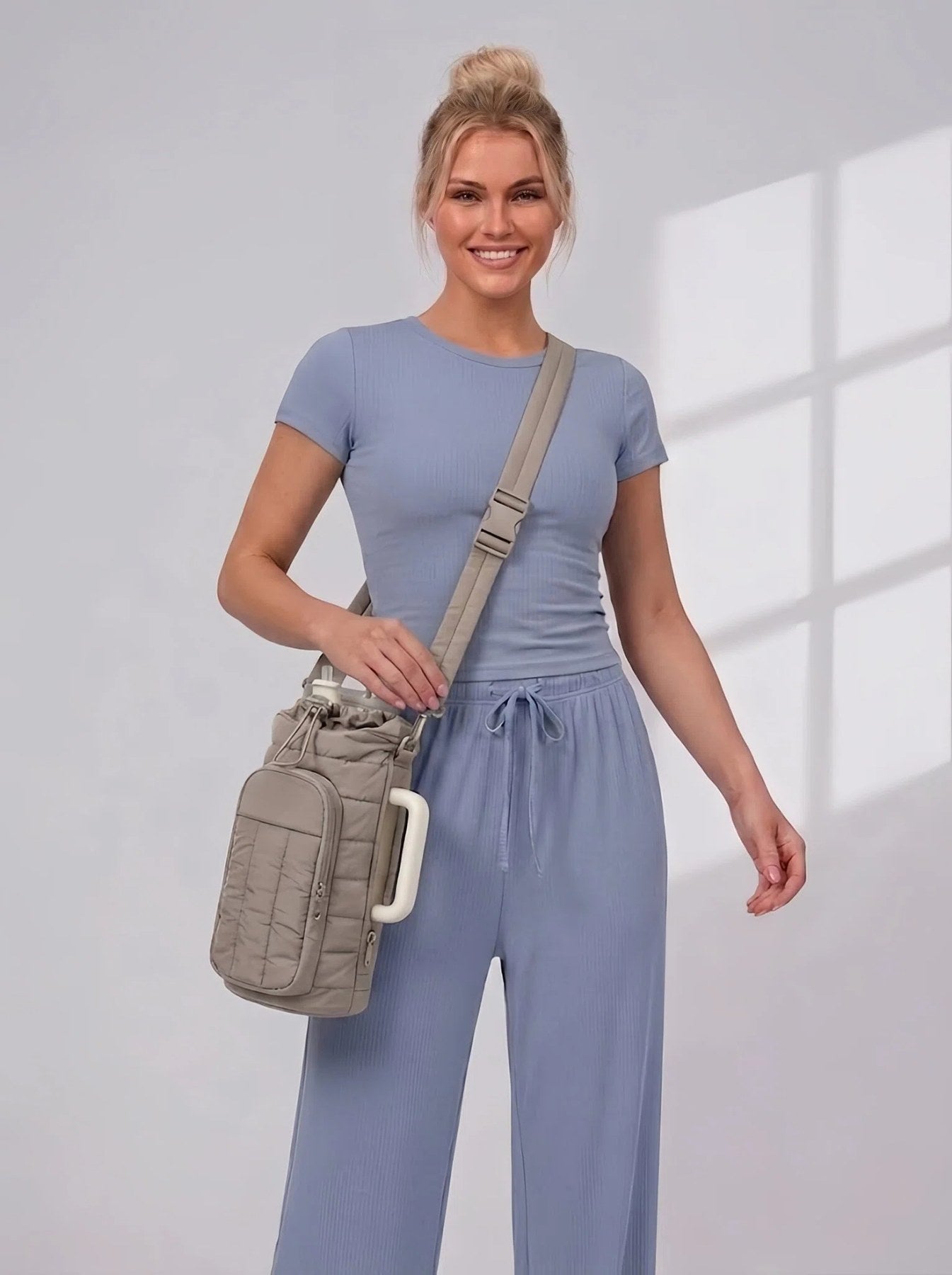 Flexvibe Large Water Bottle Crossbody Bag | Insulated Tumbler Carrier Sling Bag for Women - Taupe