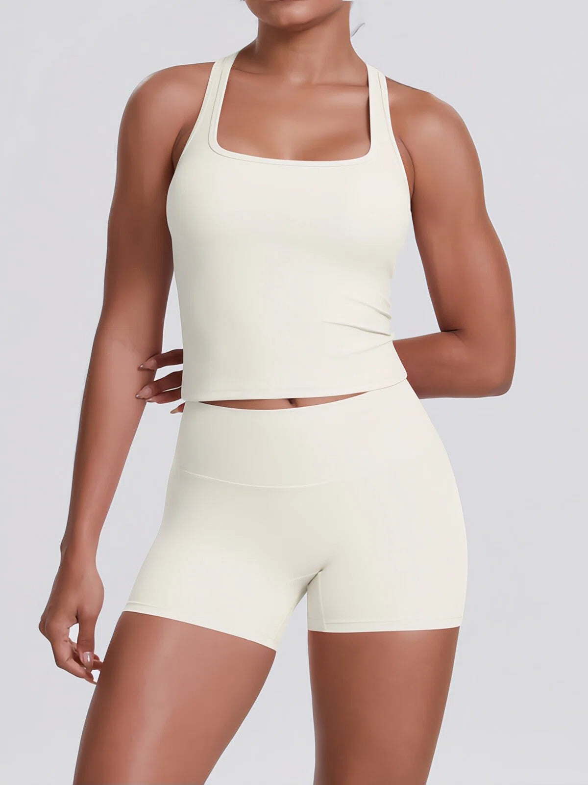 Flexvibe Racerback Tank & Biker Shorts Workout Set | 2 Piece Activewear Set for Women - White