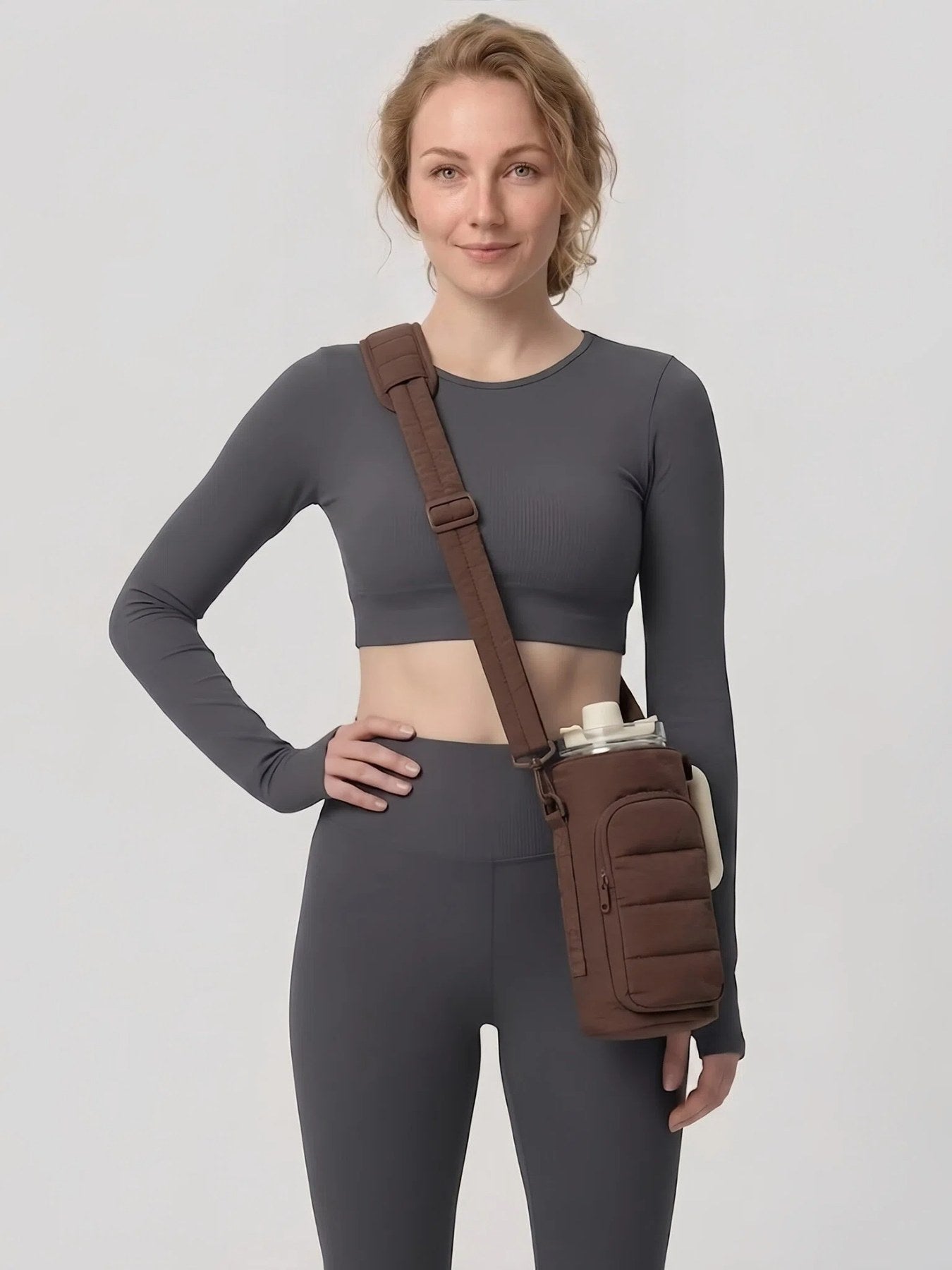 Flexvibe Puffer Water Bottle Crossbody Bag | Lightweight Tumbler Carrier Sling Bag for Women - Brown
