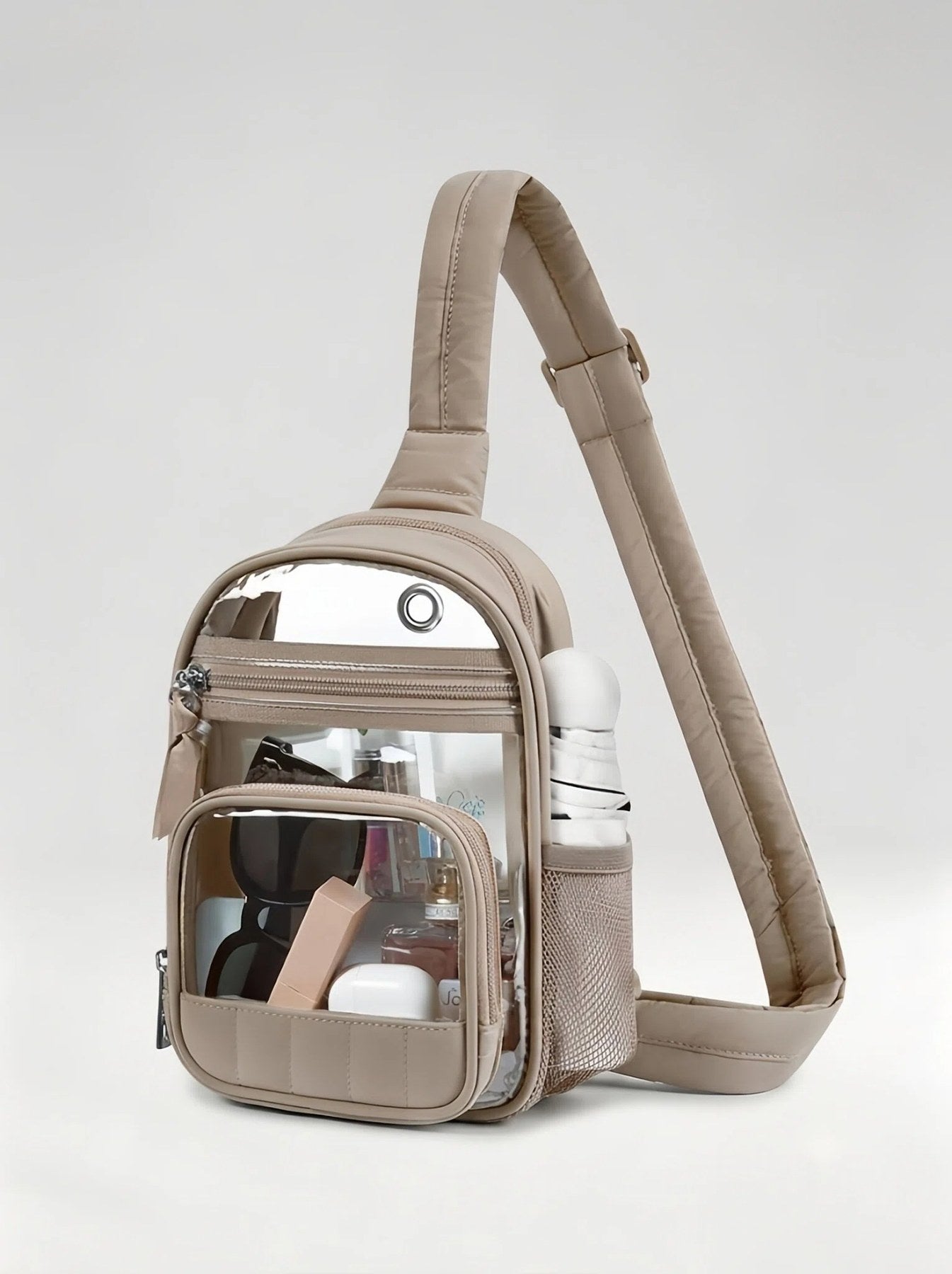 Flexvibe Clear Water Bottle Sling Crossbody Bag | Stadium-Approved Travel Carrier for Women - Khaki