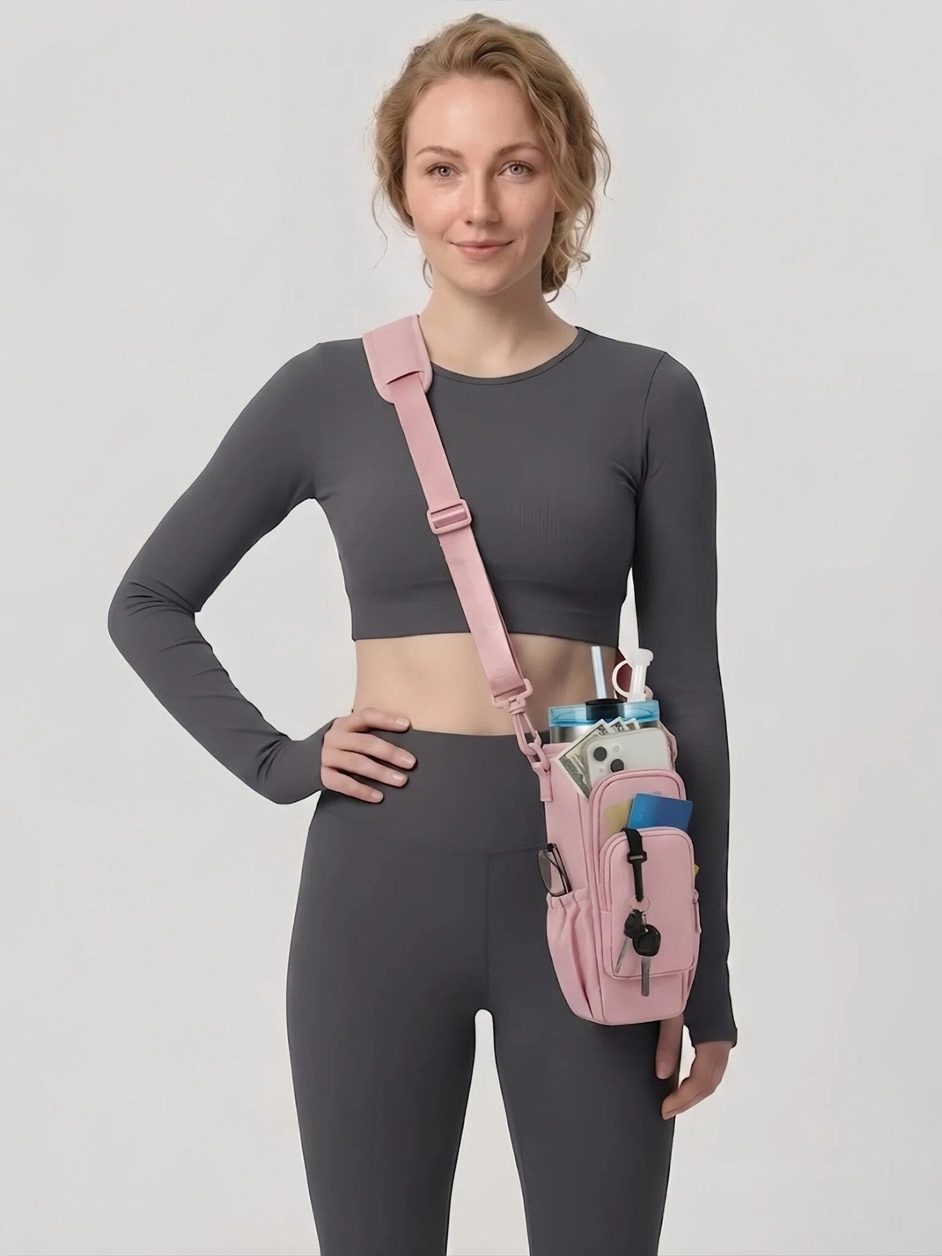 Flexvibe Multi-Pocket Water Bottle Crossbody Bag | Insulated Tumbler Carrier for Women - Pink