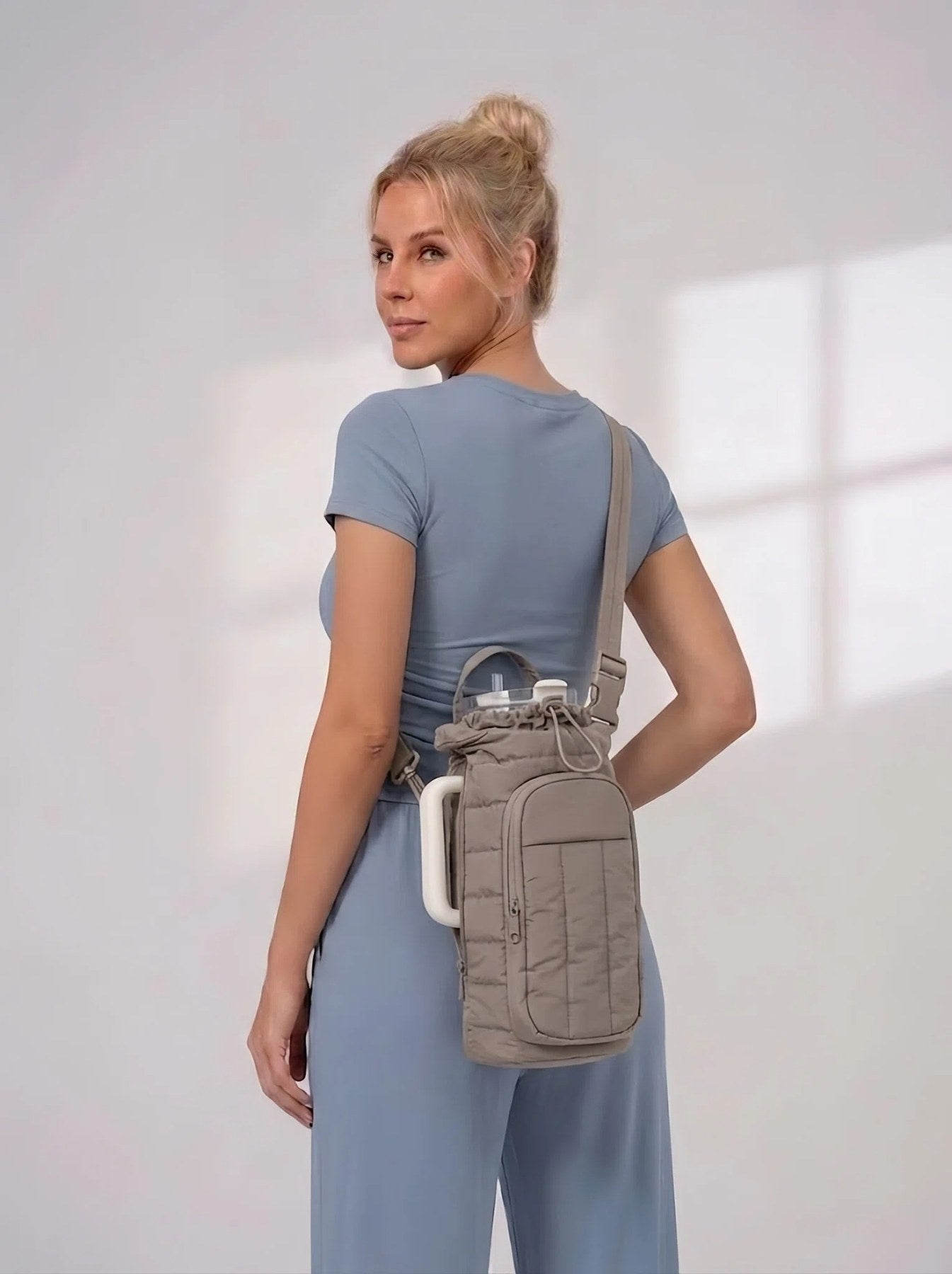 Flexvibe Large Water Bottle Crossbody Bag | Insulated Tumbler Carrier Sling Bag for Women - Taupe