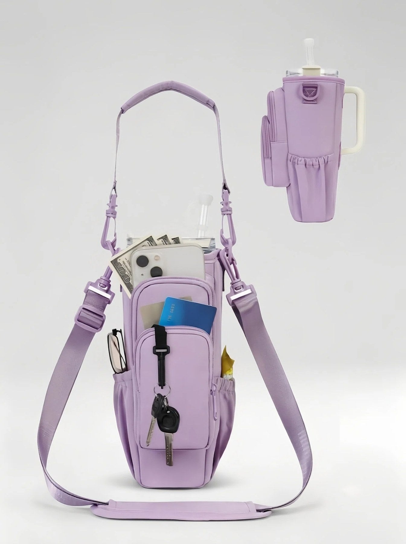 Flexvibe Multi-Pocket Water Bottle Crossbody Bag | Insulated Tumbler Carrier for Women - Lavender