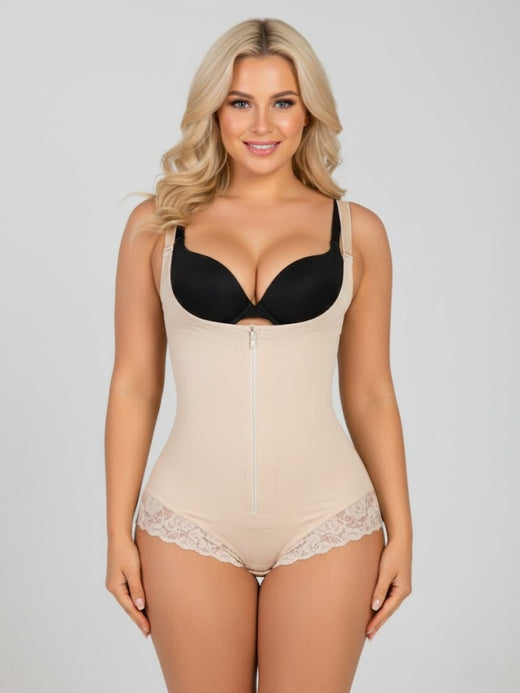 Flexvibe Front-Zip One-Piece Shapewear Bodysuit | Lace Trim, Thong Cut, Tummy Control, 2 Colors, XS–4XL