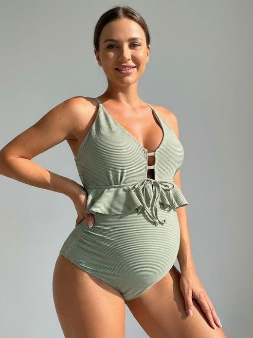 Flexvibe Ribbed Ruffled Maternity One-Piece Swimsuit - High Stretch Belly Support