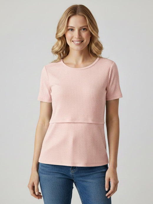 Flexvibe Maternity Nursing Short-Sleeve Top | Ribbed, Flip-Up Access, Moisture-Wicking, 8 Colors, M–3XL
