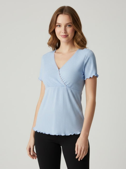 Flexvibe Maternity Nursing Short-Sleeve Top | Cross V-Neck, Ruffled, Removable Pads, 6 Colors, M–3XL