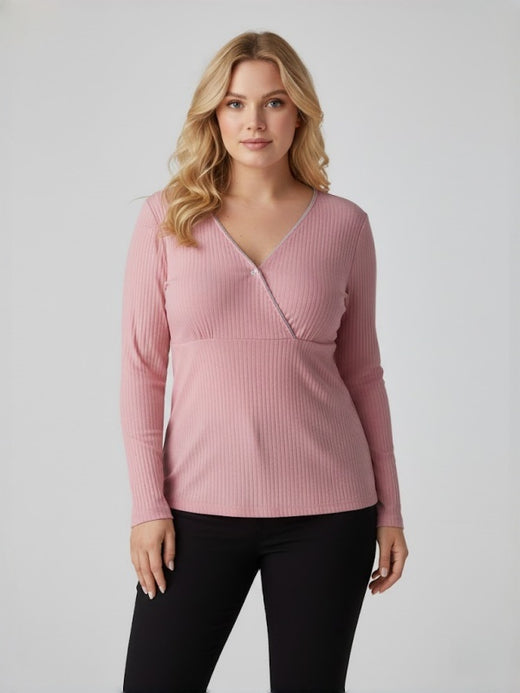 Flexvibe Maternity Nursing Long-Sleeve Top | V-Neck Ribbed, Hidden-Button, Cotton Lining, 8 Colors, M–3XL