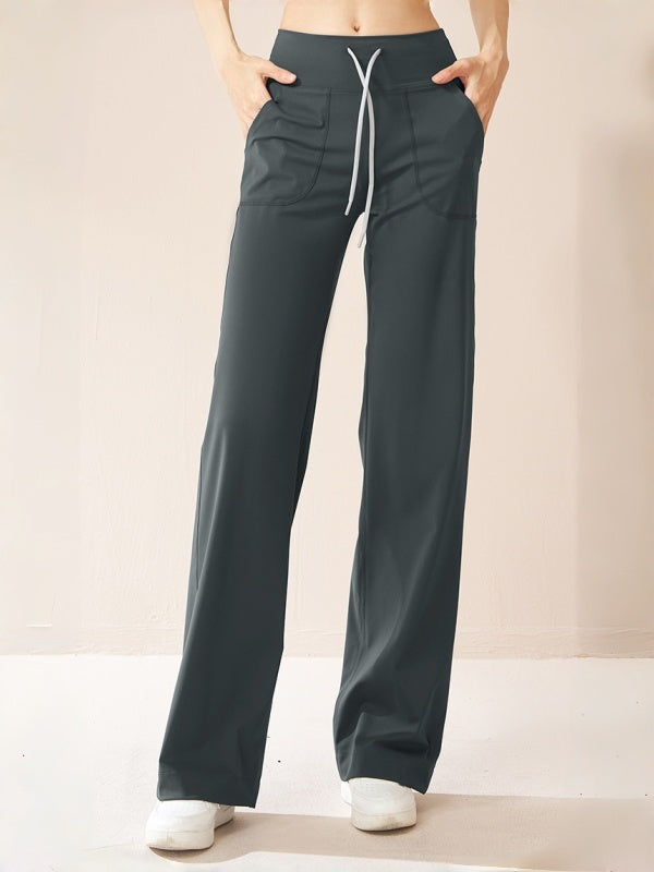 Flexvibe Drawstring High-Waisted Pants - Stretchy Straight-Wide Leg Tummy Control