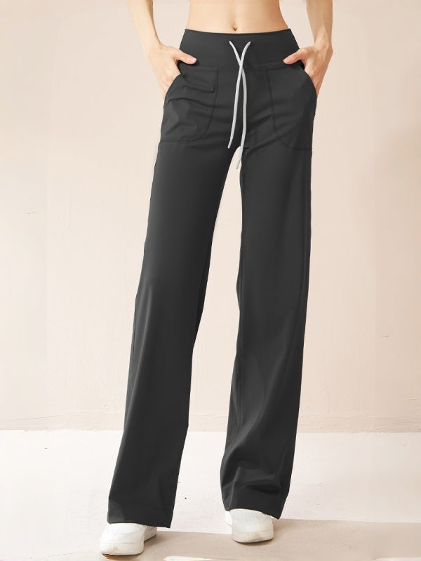 Flexvibe Drawstring High-Waisted Pants - Stretchy Straight-Wide Leg Tummy Control