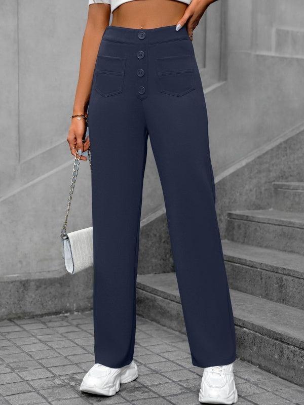 Flexvibe High-Waisted Straight-Leg Wide-Leg Pants - Button Embellished Loose Casual Trousers