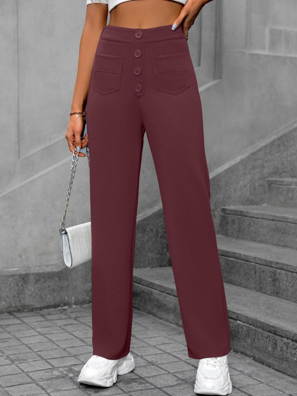Flexvibe High-Waisted Straight-Leg Wide-Leg Pants - Button Embellished Loose Casual Trousers
