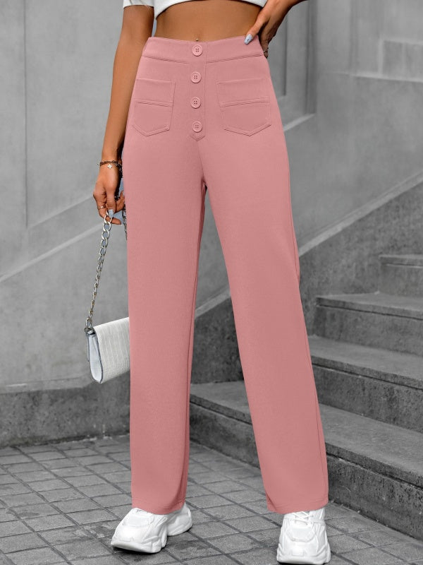 Flexvibe High-Waisted Straight-Leg Wide-Leg Pants - Button Embellished Loose Casual Trousers