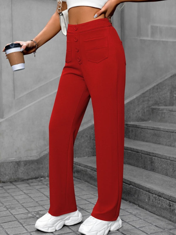 Flexvibe High-Waisted Straight-Leg Wide-Leg Pants - Button Embellished Loose Casual Trousers