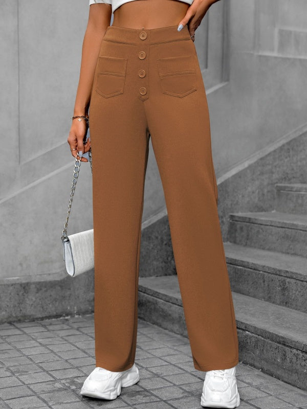 Flexvibe High-Waisted Straight-Leg Wide-Leg Pants - Button Embellished Loose Casual Trousers