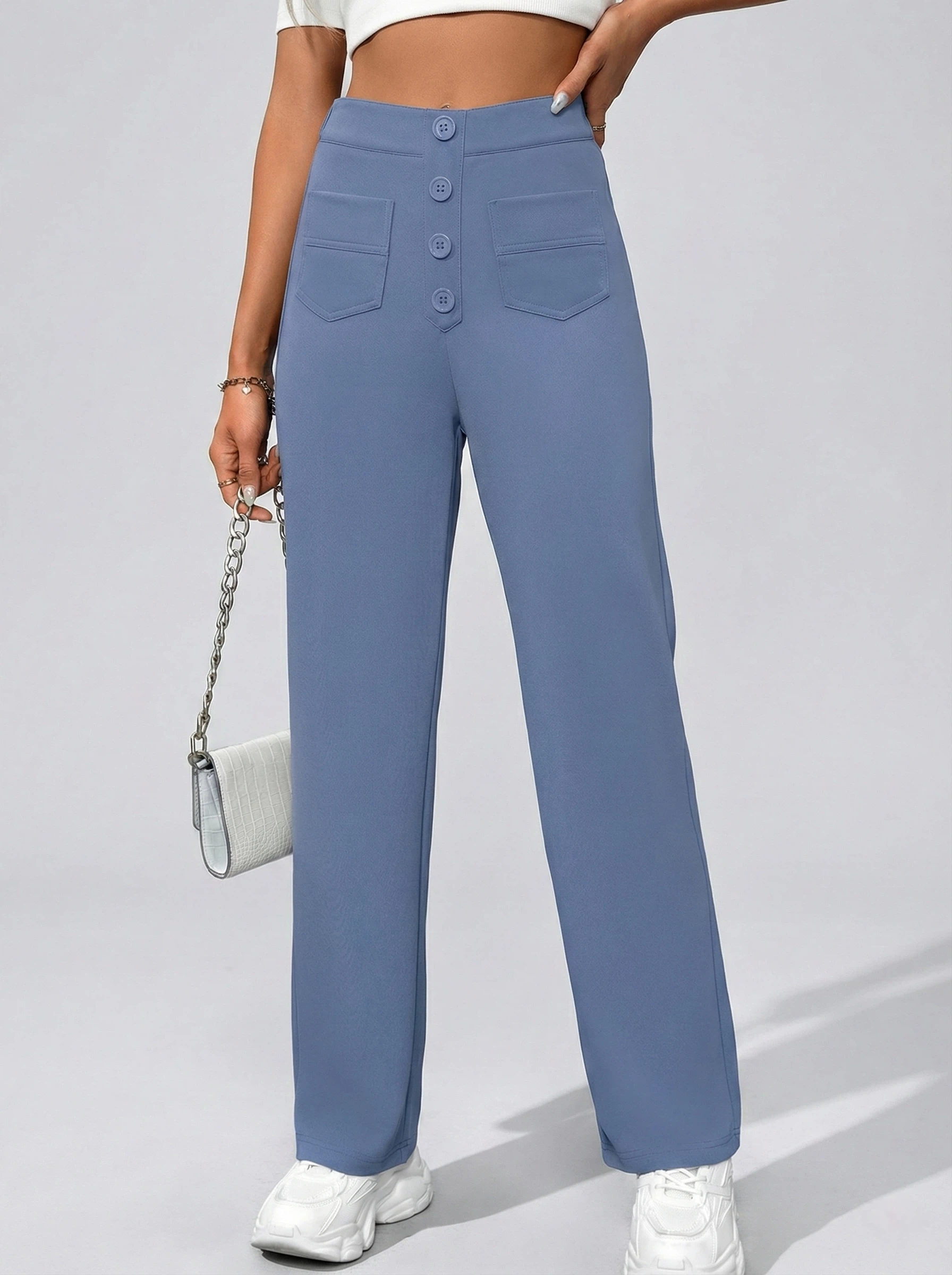 Flexvibe High-Waisted Straight-Leg Wide-Leg Pants - Button Embellished Loose Casual Trousers