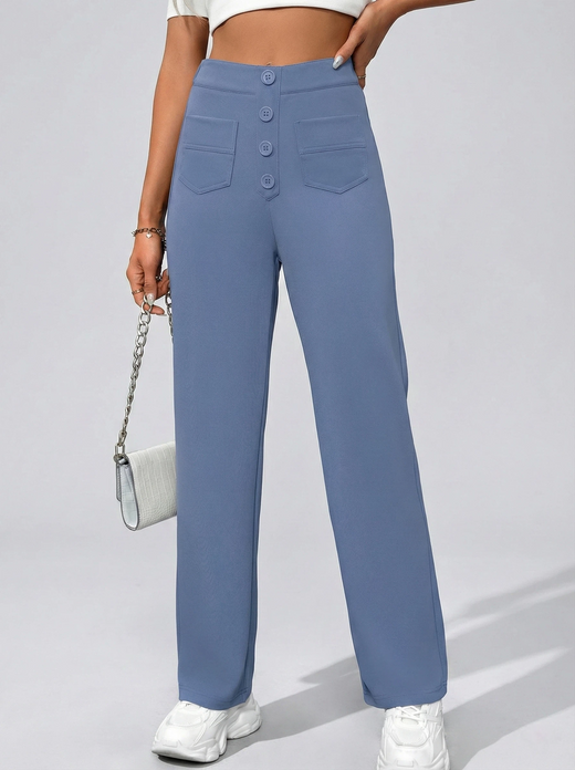 Flexvibe High-Waisted Wide-Leg Pants | Button Embellished, Loose, Pockets, 6 Colors, S–2XL