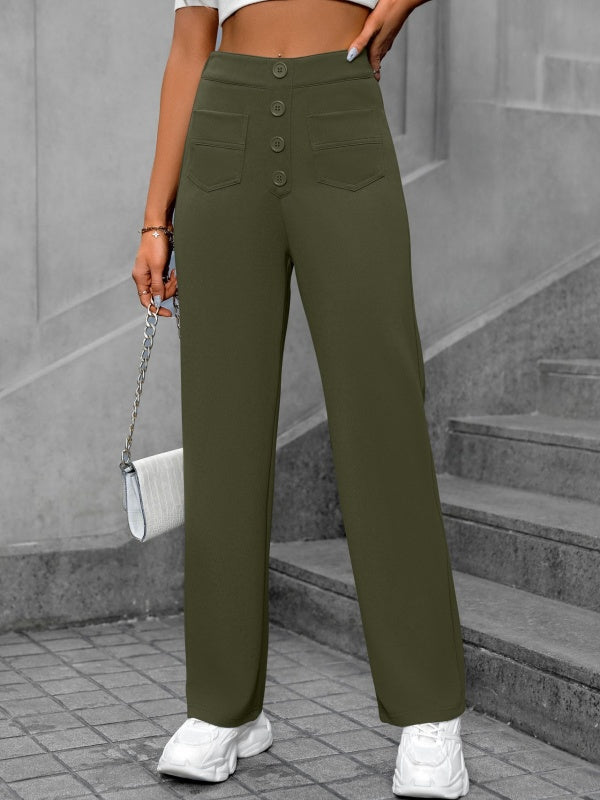 Flexvibe High-Waisted Straight-Leg Wide-Leg Pants - Button Embellished Loose Casual Trousers