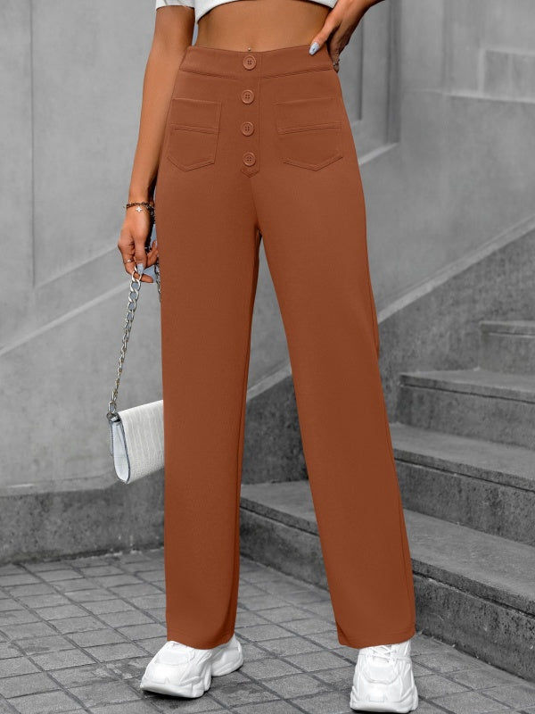 Flexvibe High-Waisted Straight-Leg Wide-Leg Pants - Button Embellished Loose Casual Trousers