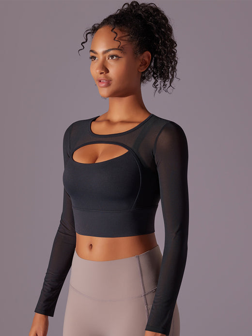 Flexvibe Mesh Semi-Transparent Paneled Long Sleeve Sports Top | Tight Fit, Ventilated, Black, S–XL