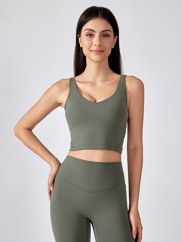 Flexvibe Backless Sports Bra - Wide Straps V-Neck Removable Padded Cups High Elastic