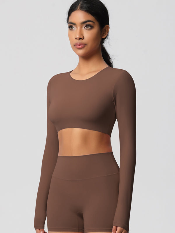 Flexvibe Double-Sided Brushed Cropped Sports Top - High Elastic Skin-Friendly Breathable Long Sleeve
