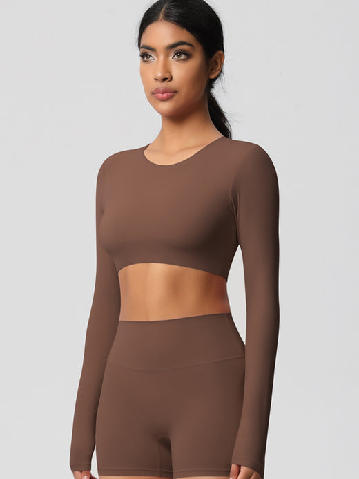 Flexvibe Double-Sided Brushed Cropped Long-Sleeve Sports Top | High-Elastic, 4-Way Stretch, 10 Colors, S–XL