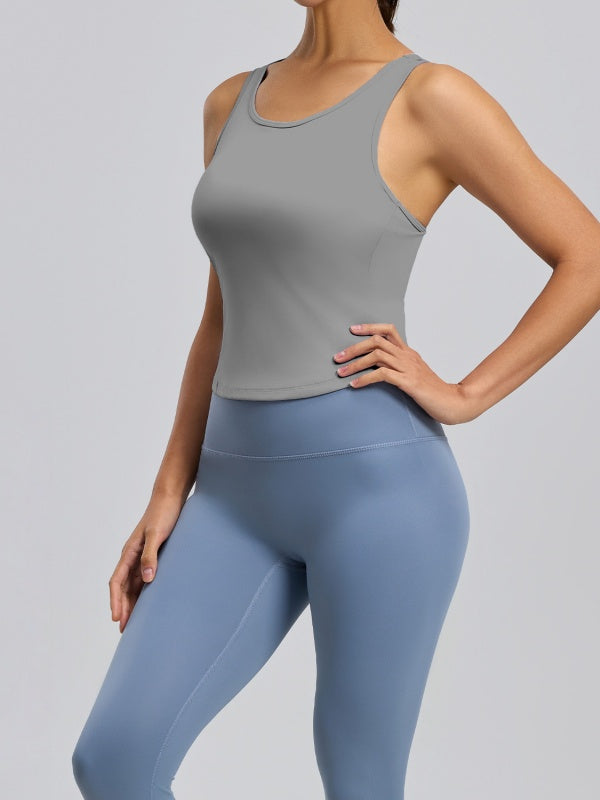 Flexvibe Crew Neck Sports Tank Top with Built-in Bra - Non-Slip Breathable Yoga Gym Workout Top