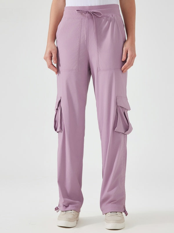 Flexvibe High Waisted Straight Leg Cargo Pants - Drawstring Waist Flip-Top Pockets 4-Way Stretch