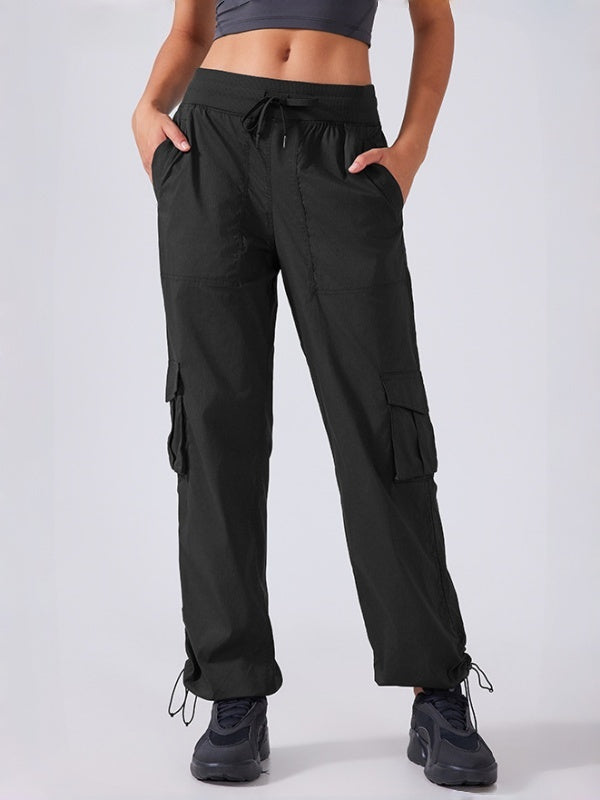 Flexvibe High Waisted Straight Leg Cargo Pants - Drawstring Waist Flip-Top Pockets 4-Way Stretch