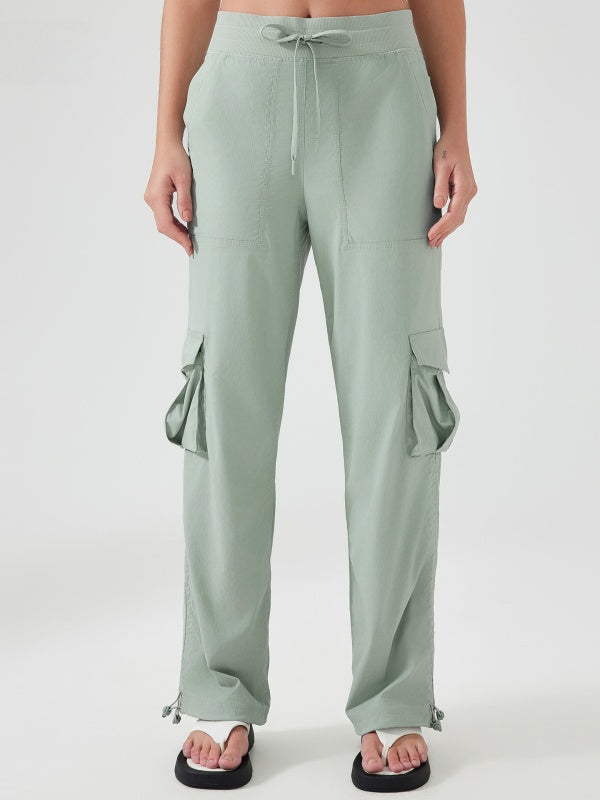 Flexvibe High Waisted Straight Leg Cargo Pants - Drawstring Waist Flip-Top Pockets 4-Way Stretch
