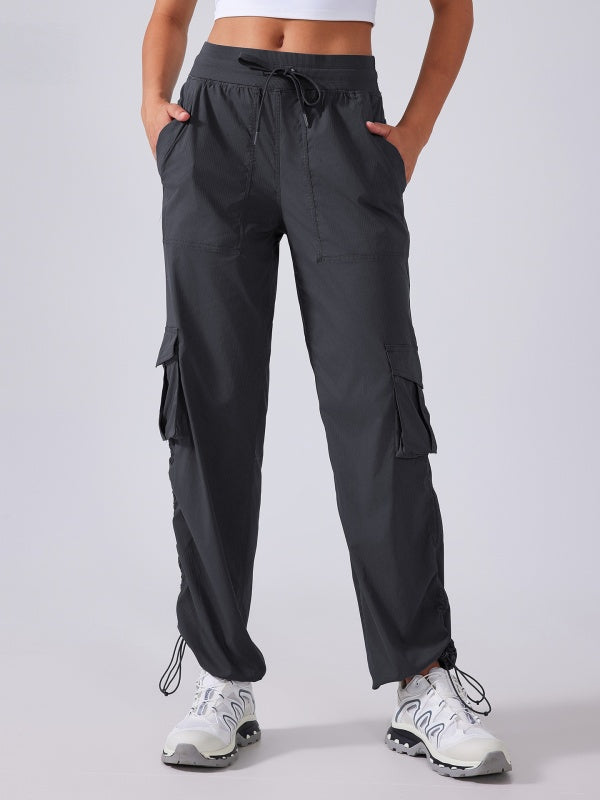 Flexvibe High Waisted Straight Leg Cargo Pants - Drawstring Waist Flip-Top Pockets 4-Way Stretch