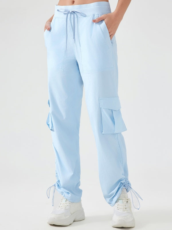 Flexvibe High Waisted Straight Leg Cargo Pants - Drawstring Waist Flip-Top Pockets 4-Way Stretch