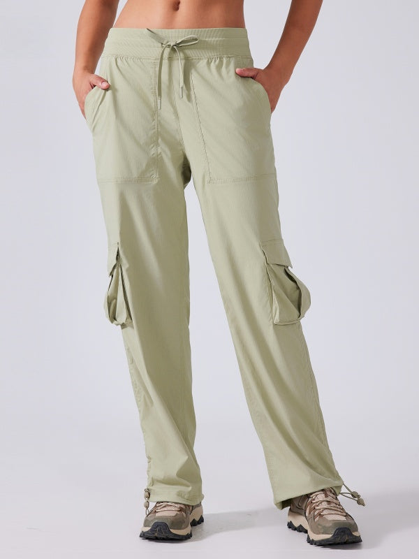 Flexvibe High Waisted Straight Leg Cargo Pants - Drawstring Waist Flip-Top Pockets 4-Way Stretch