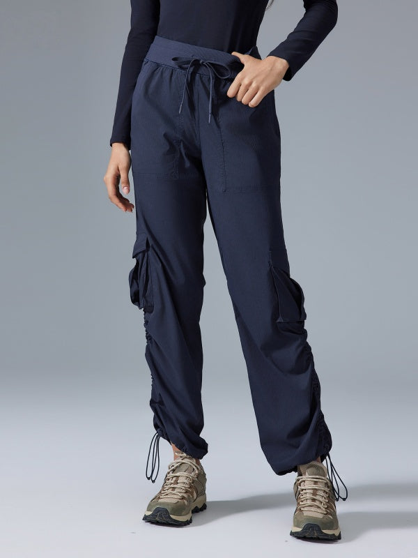 Flexvibe High Waisted Straight Leg Cargo Pants - Drawstring Waist Flip-Top Pockets 4-Way Stretch