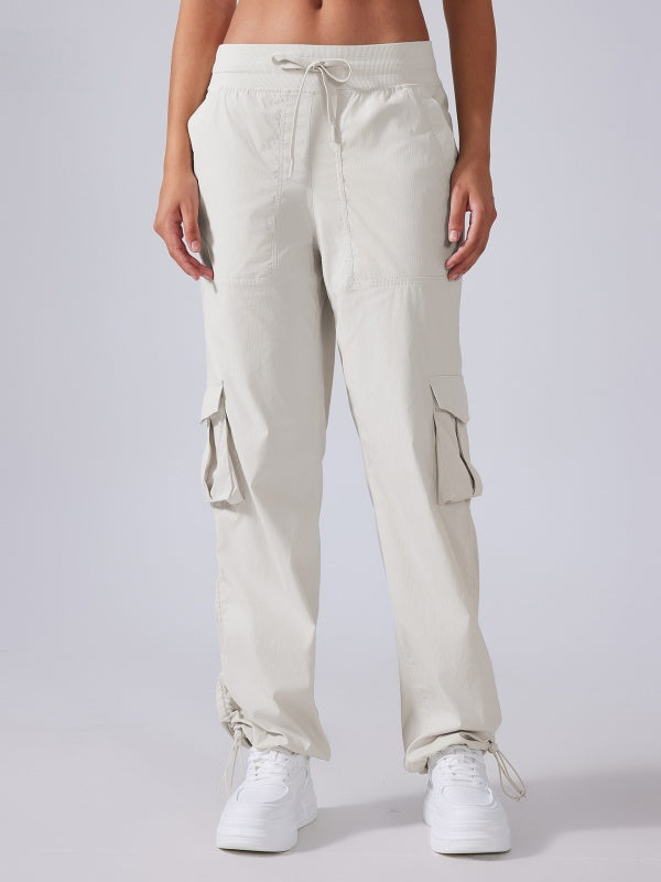 Flexvibe High Waisted Straight Leg Cargo Pants - Drawstring Waist Flip-Top Pockets 4-Way Stretch