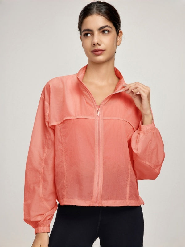 Flexvibe Women's Mountain Style Stand Collar Sports Jacket, Lightweight & Breathable Outdoor Coat, Loose Drawstring Casual Fitness Cardigan Top