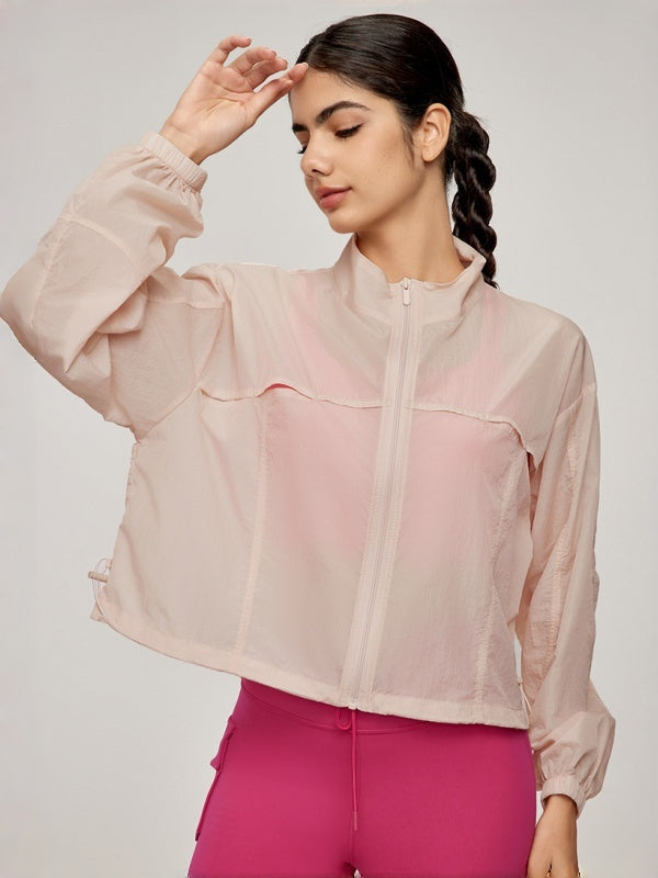 Flexvibe Women's Mountain Style Stand Collar Sports Jacket, Lightweight & Breathable Outdoor Coat, Loose Drawstring Casual Fitness Cardigan Top